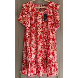 NEW NWT Red Floral Plus Sz 20 Ruffled Flutter Sleeve Knee Length Dress Pockets